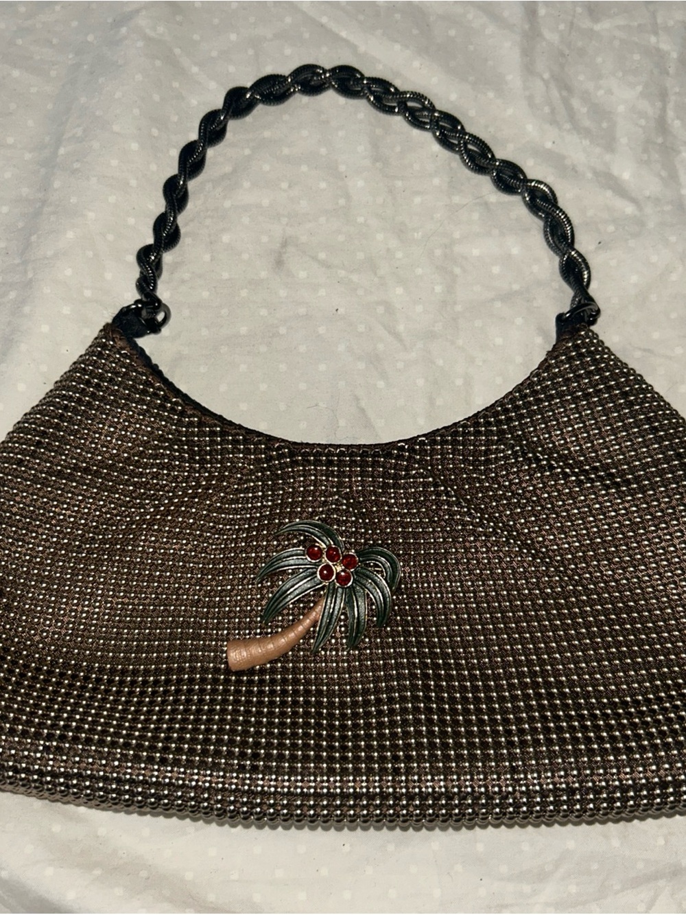 Whiting & Davis Metallic Mesh Evening Clutch Bag Braided Handle And Palm Tree